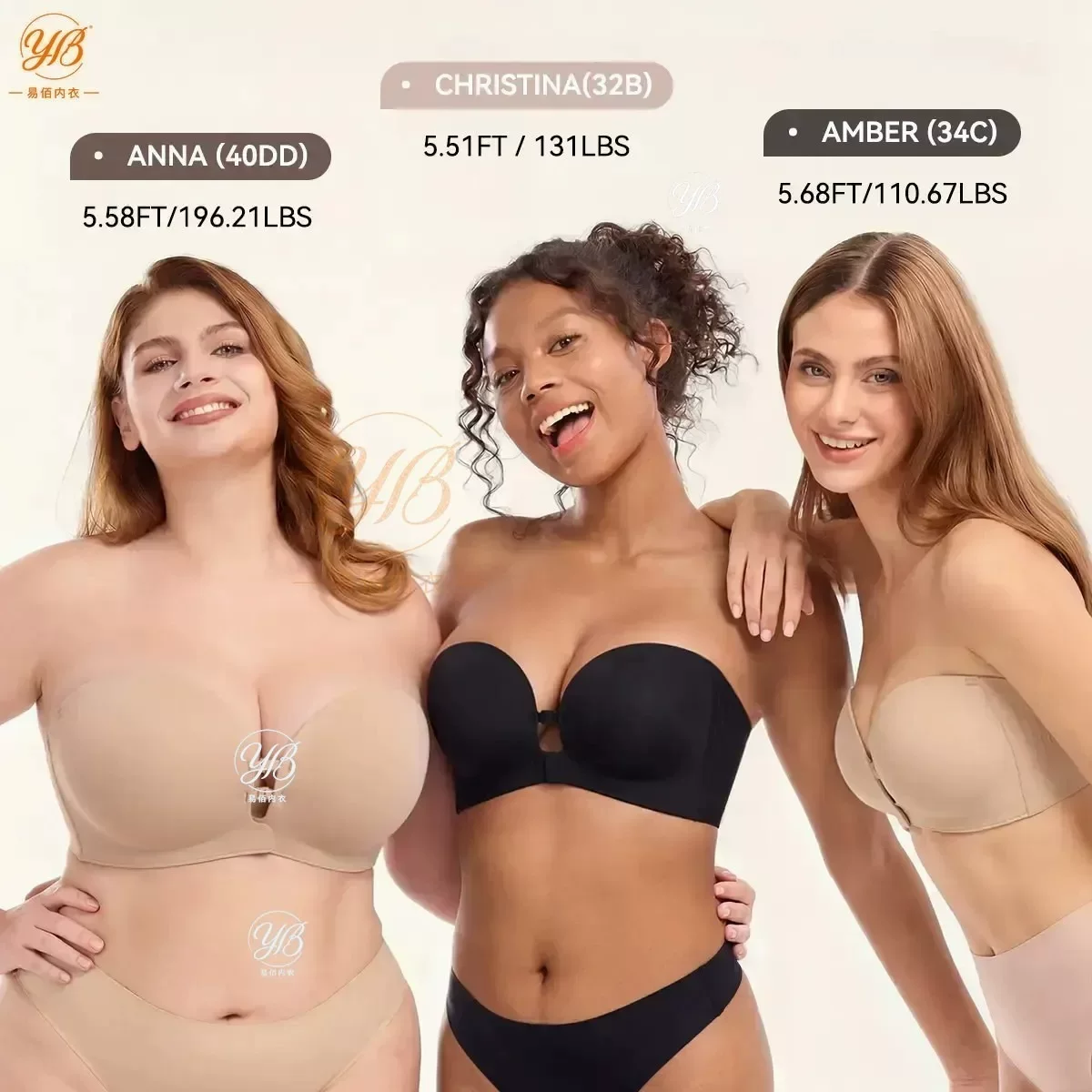 YB Womens Strapless Front Closure Bra Push Up Lift Bra Padded Add Cup Non Slip Anti-Slip Grip & Removable Straps Fit Outfits Wireless Supportive Seamless Comfortable